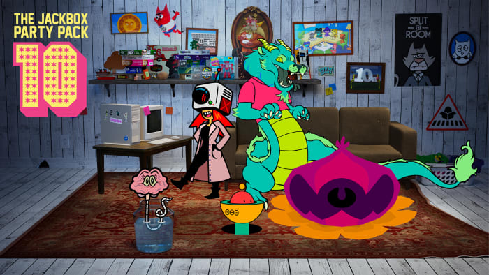 The Jackbox Party Pack 10 artwork showing cartoon characters in a real-life living room.
